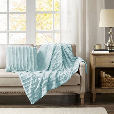 Madison Park Blue Faux Fur Square Accent Pillow