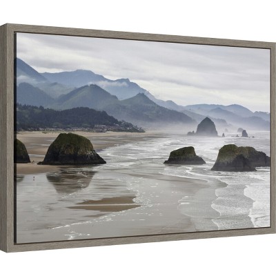 Cannon Beach Fog Coastline Landscape Canvas Print in Grey Frame