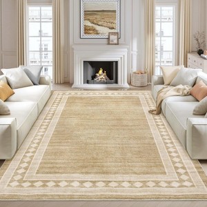Solid Bordered Rug, Machine Washable Soft Geometric Throw Carpet, Non-Slip Low-Pile Indoor Floor Mat for Living Room, Bedroom, Office - 1 of 4