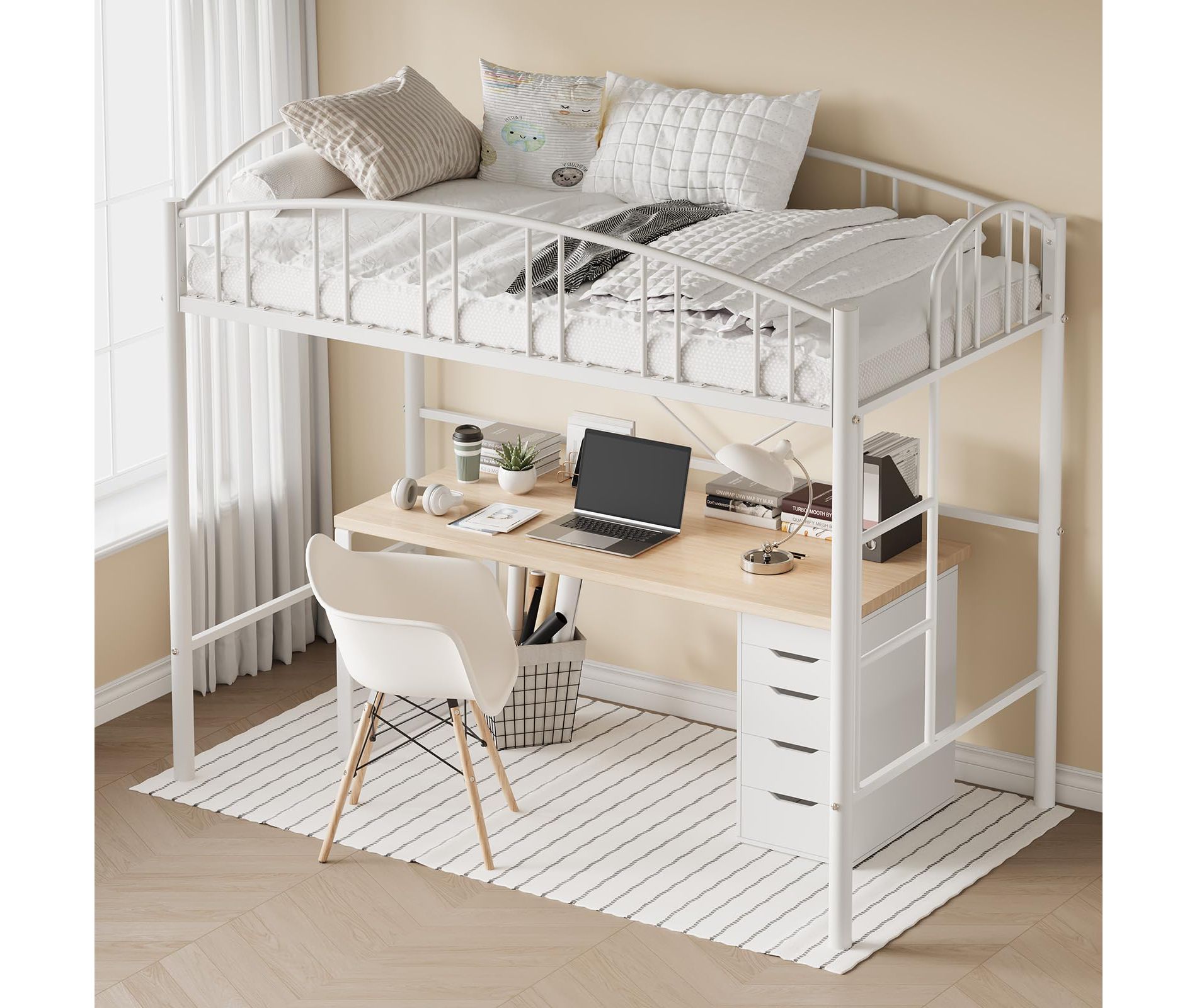 Loft Bed Twin Size, Heavy Duty Metal Loft Bed Frame with Arched Guardrail and Safety Ladder, Space-Saving, No Box Spring Needed, White