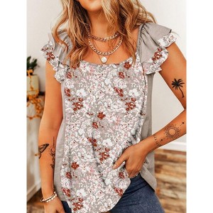 Coolmee Women's Boho Floral Summer Shirts Layered Ruffle Cap Sleeve Square Neck  Blouse Casual Tops - 1 of 4