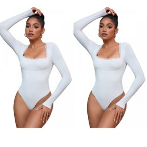 INSPIRE CHIC 2 Pcs Women's Lace Square Neck Long Sleeves Tummy Control Body Shapers - 1 of 4