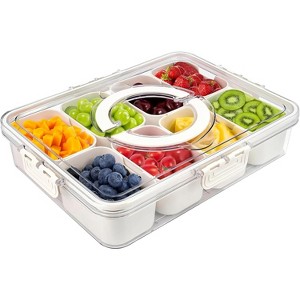 Snack Box Container with Airtight Lid - Portable BPA Free with Folding Handle, Divided Trays for Fruit, Candy, Nuts and Veggies, Measures 11.8" x 8.8" - 1 of 4