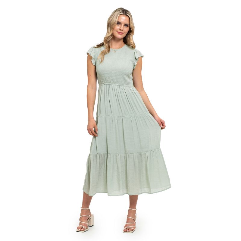 August Sky Women`s Smocked Ruffle Sleeve Tiered Midi Dress, 1 of 8