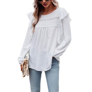Frill Shoulder Boluse with Tiny Embroidered Lightweight Long Sleeve Crochet Blouse Lantern Sleeve Round Neck Tunic Blouse - 1 of 4