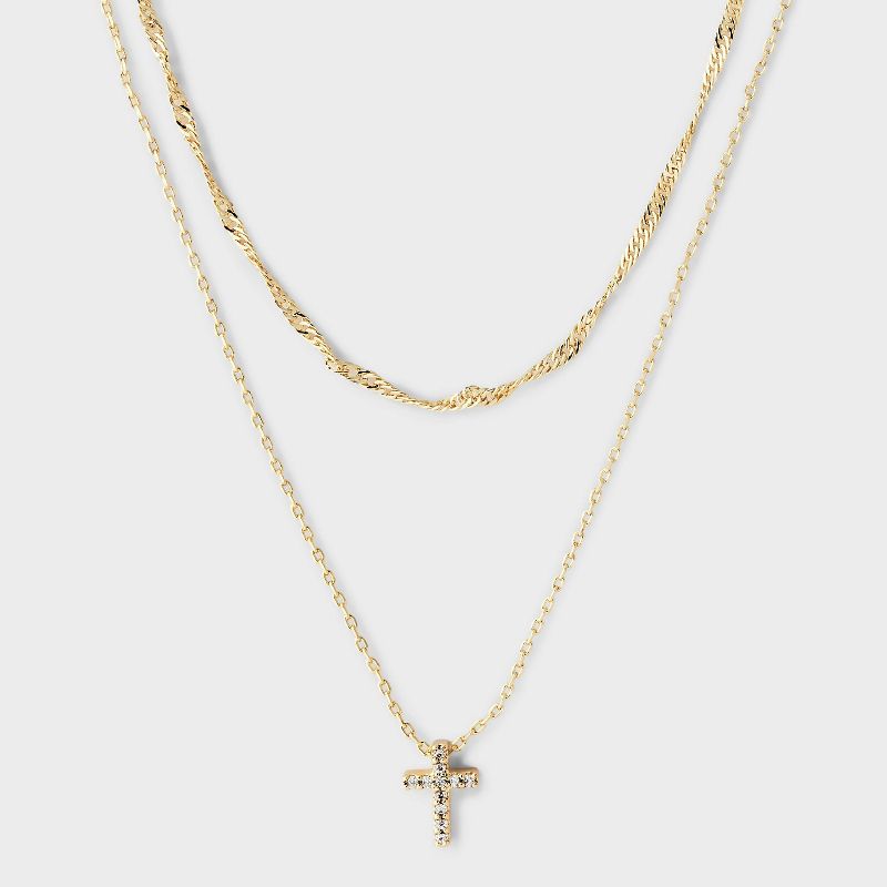 14K Gold Plated & Cubic Zirconia Cross Pendant with Twist Chain Multi-layer Necklace - A New Day™ Gold