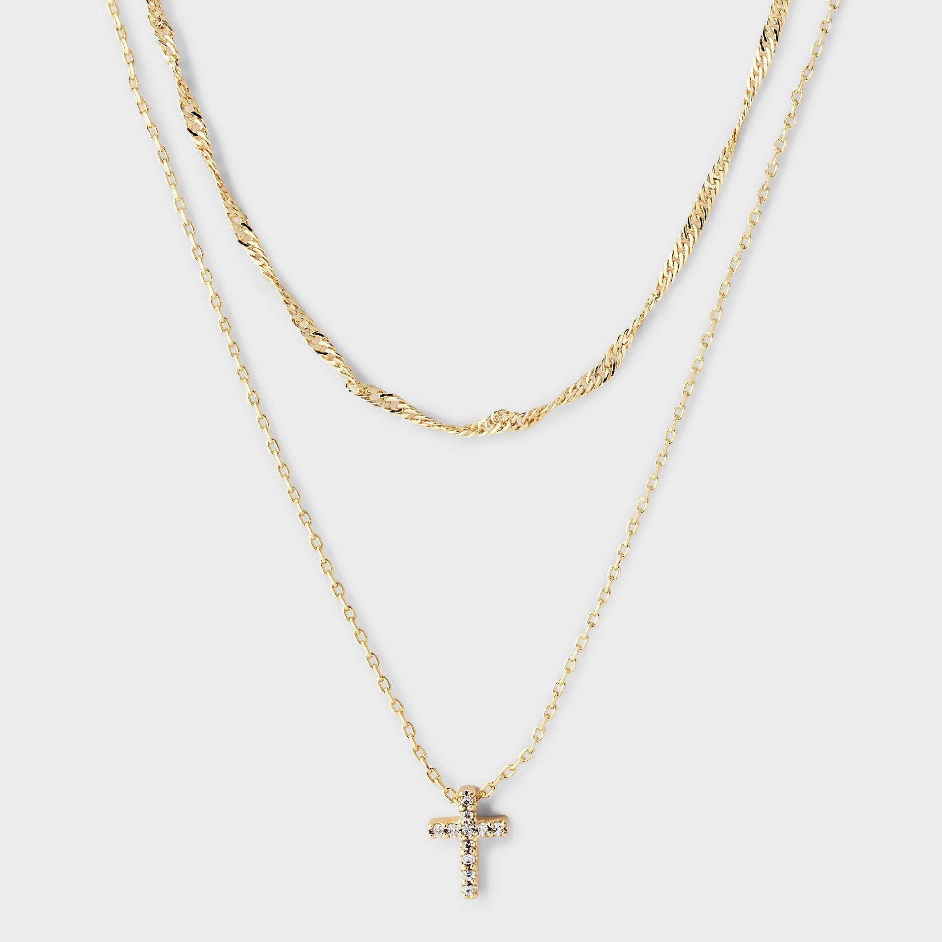 14K Gold Plated & Cubic Zirconia Cross Pendant with Twist Chain Multi-layer Necklace - A New Day™ Gold