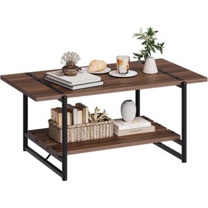 41" Rectangular Coffee Table with 2-Tier Storage, Walnut Brown Top & Black Steel Frame, Sturdy & Space-Saving for Living Room, Office, Apartment - 1 of 4