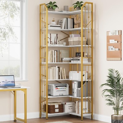 86" L-Shaped 7-Tier Corner Bookshelf with beaded design. Tall display rack for living room or bedroom.