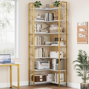 86" L-Shaped 7-Tier Corner Bookshelf with beaded design. Tall display rack for living room or bedroom. - 1 of 4