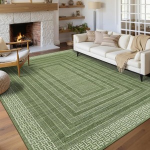 Washable Area Rug for Living Room, Green Geometric Bordered Bedroom Rugs, Ultra Thin Soft Non Slip Large Under Table Carpet - 1 of 4