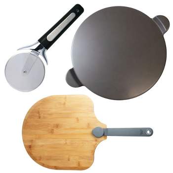 Old Stone Pizza Kitchen Glazed Pizza Stone, Bamboo Peel, and Pizza Cutter 3 Piece Set