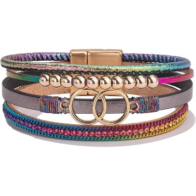 Boho Wrap Bracelet with Infinity Design, Leather Cuff Bangle with Magnetic Clasp, Stackable Jewelry Gift for Mom