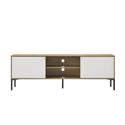 VYNXARI 70"W White and Oak 2-Door TV Stand,Storage Cabinets with doors and shelves