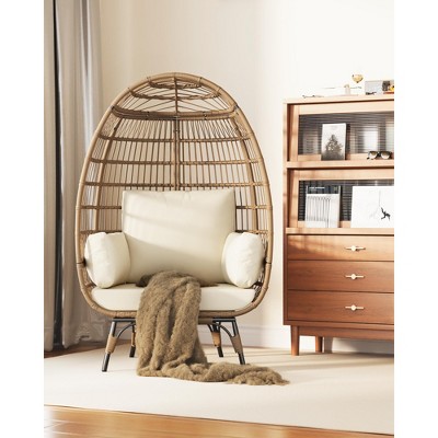 Egg Chair, Wicker Egg Chair with Plush Cushion, Steel Frame and Metal Base, Lounge Chair for Indoor & Outdoor Patio, Living Room, and Backyard