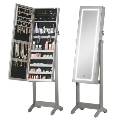 LunaLulinlk Lockable Jewelry Cabinet with Full-Length Mirror Floor Standing Organizer 4 Adjustable Angles Grey