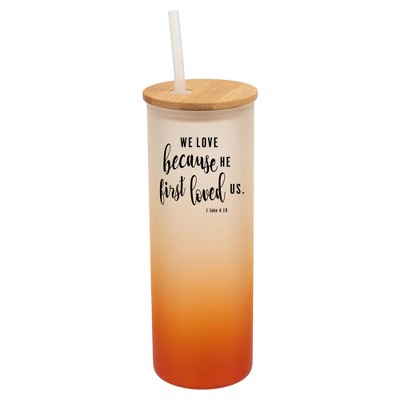 Elanze Designs We Love Because He First Loved Us Faith Wrap-Around Design 25 Ounce Frosted Gradient Glass On-The-Go Coffee Travel Skinny Tumbler Mug