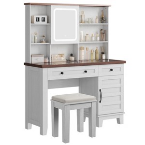 Makeup Vanity Desk with Mirror and Lights 3 Color Modes Available, Wooden Makeup Table with Chair - 1 of 4