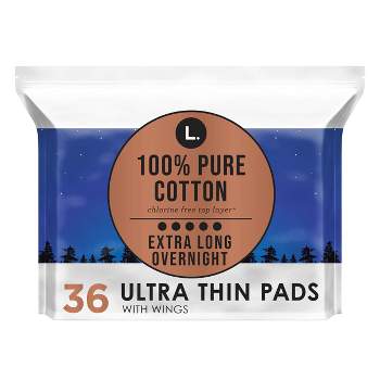 L . Pure Cotton Chlorine Free Top Layer Ultra Thin With Wing Overnight Unscented Absorbency Pads With Wings - 36ct