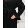 Women Plus Size Dress V Neck Ruffle Long Sleeve Long Dress Casual Summer Pleate Dress with Waistband - 4 of 4