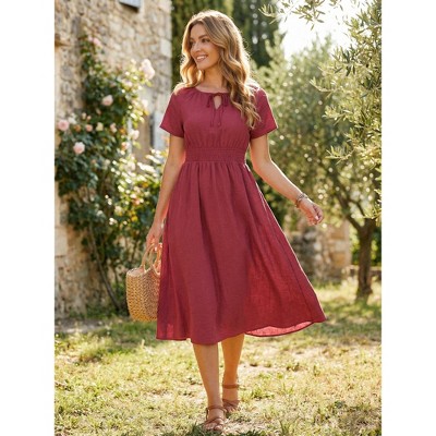 Женские платья INSPIRE CHIC Women's Summer Smocked Waist Short Sleeve Tie V Neck A-line Flowy Beach Midi Dresses X-Large Wine Red — фото 2