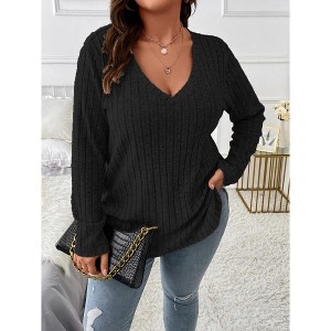 Women's Plus Size Ribbed Knit Shirt V-Neck Loose Fit Pullover Soft Brushed Cotton Blend Top - 1 of 4