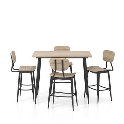 miBasics 5pc Markfil Rectangle Counter Height Dining Table Set Natural: Industrial Style, Wood Veneer, Metal Frame