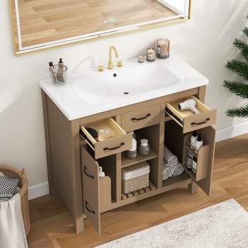 36''Bathroom Vanity without Sink with 2 Drawers and 2 Cabinets,Solid Wood Frame Bathroom Cabinet (NOT INCLUDE BASIN)