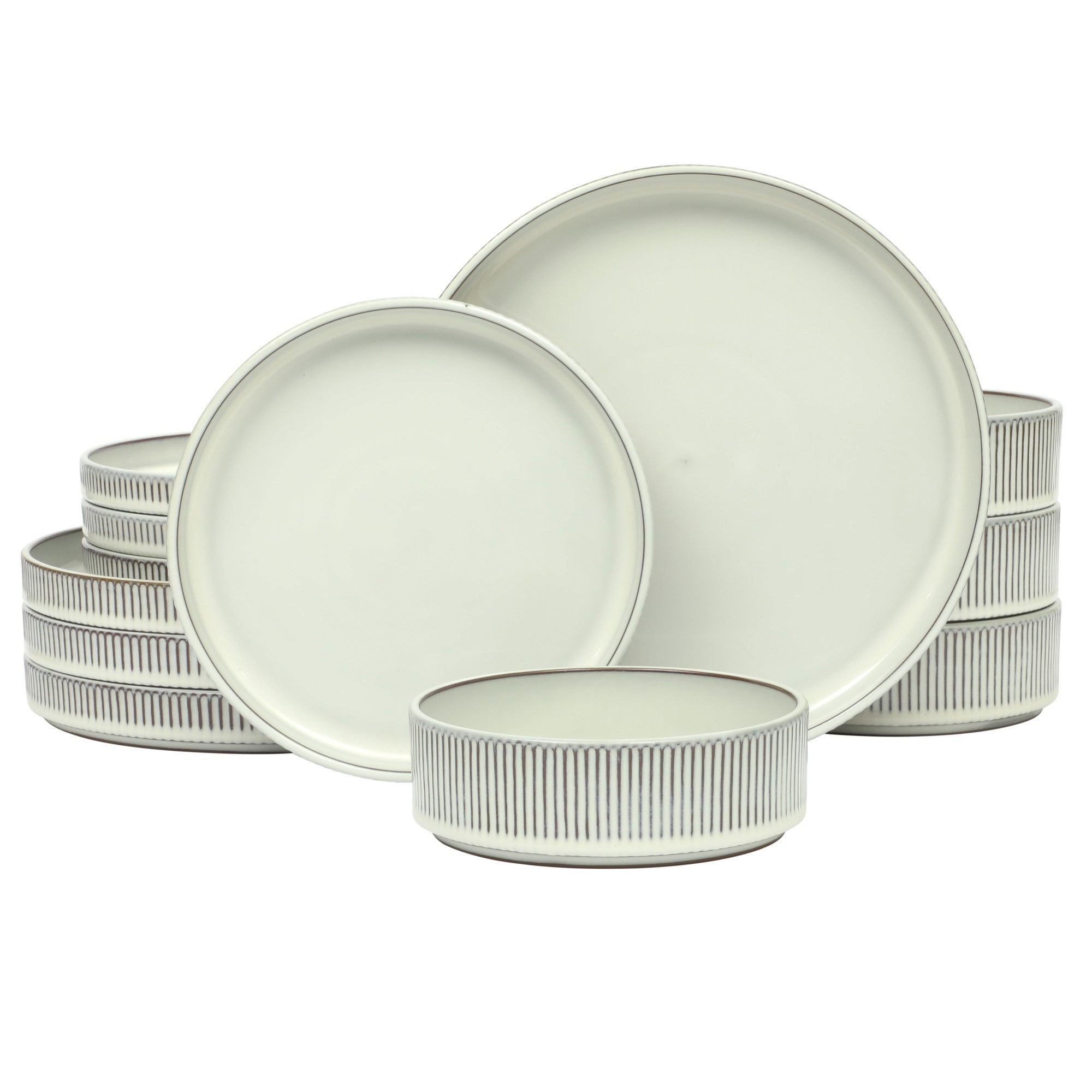 Gibson Elite Townscape 12 Piece (Service for 4) Plates and Bowls Reactive Glaze Embossed Round Dishes Terracotta Dinnerware Set White
