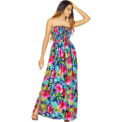 LA LEELA Women's House Daily Routine Evening Wear Boho A line Slit Maxi Dress Smocked Top Evening Long Tube Dresses for Women One Size Multi, Floral