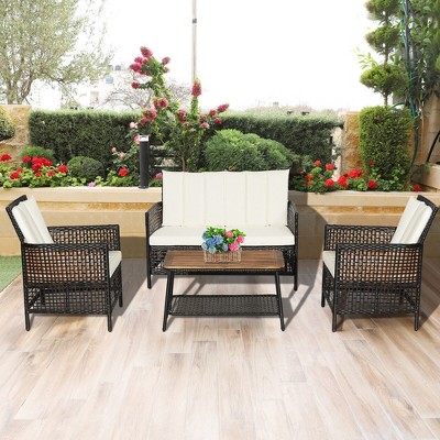 Tangkula 4PCS Cushioned Patio PE Wicker Conversation Furniture Set w/ Acacia Wood Tabletop