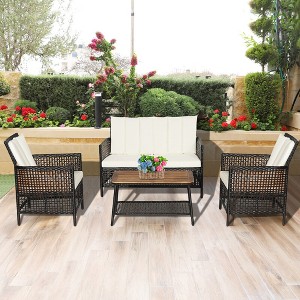 Tangkula 4PCS Cushioned Patio PE Wicker Conversation Furniture Set w/ Acacia Wood Tabletop - 1 of 4
