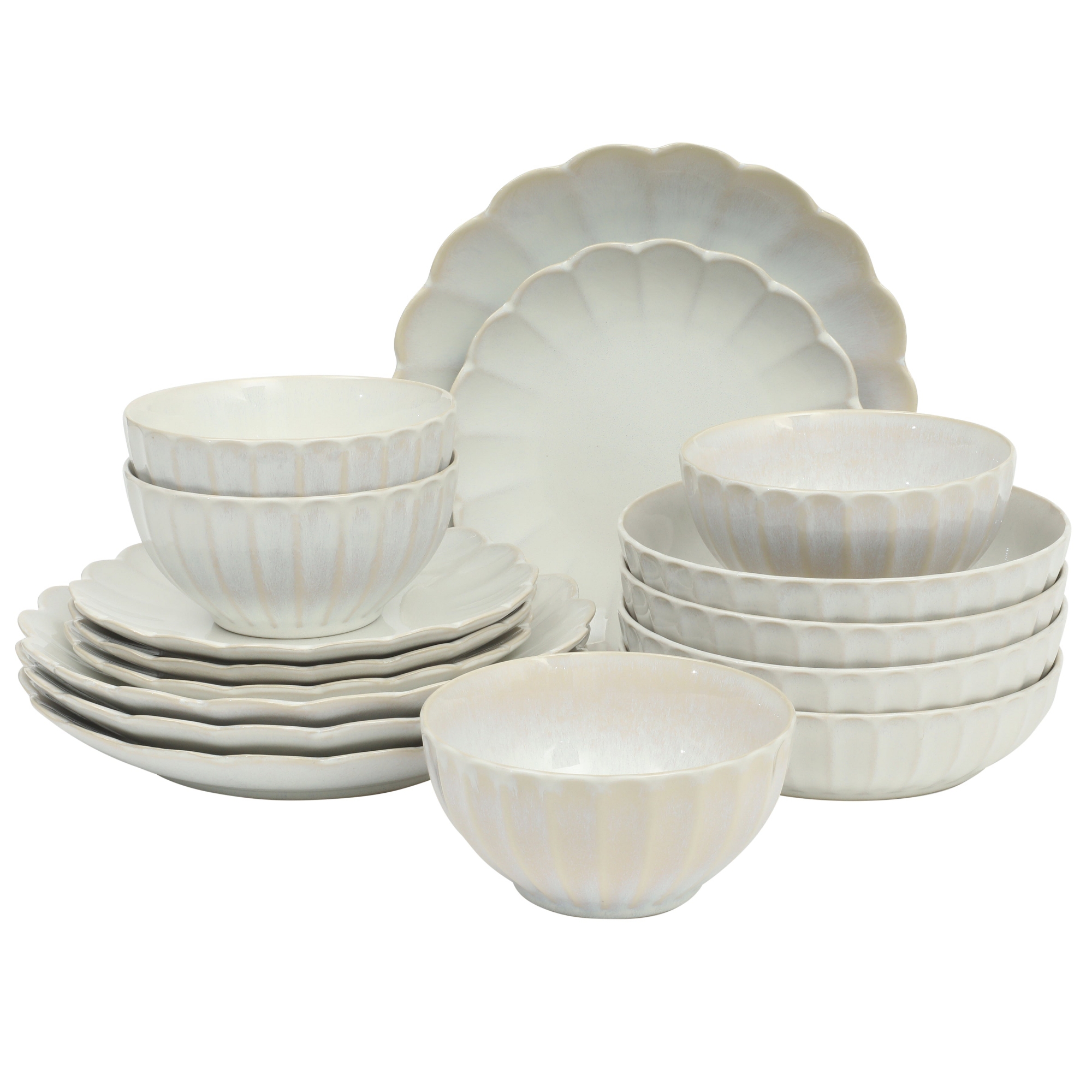 Gibson Elite Malibu Shore 16 Piece Scallop Stoneware Reactive Glaze (Service for 4) Ceramic Plates and Bowls Dinnerware Set - Shiny White