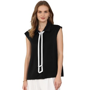 INSPIRE CHIC Women's Button Down Shirt Contrast Color Tie Neck Cap Sleeve Office Blouse - 1 of 4