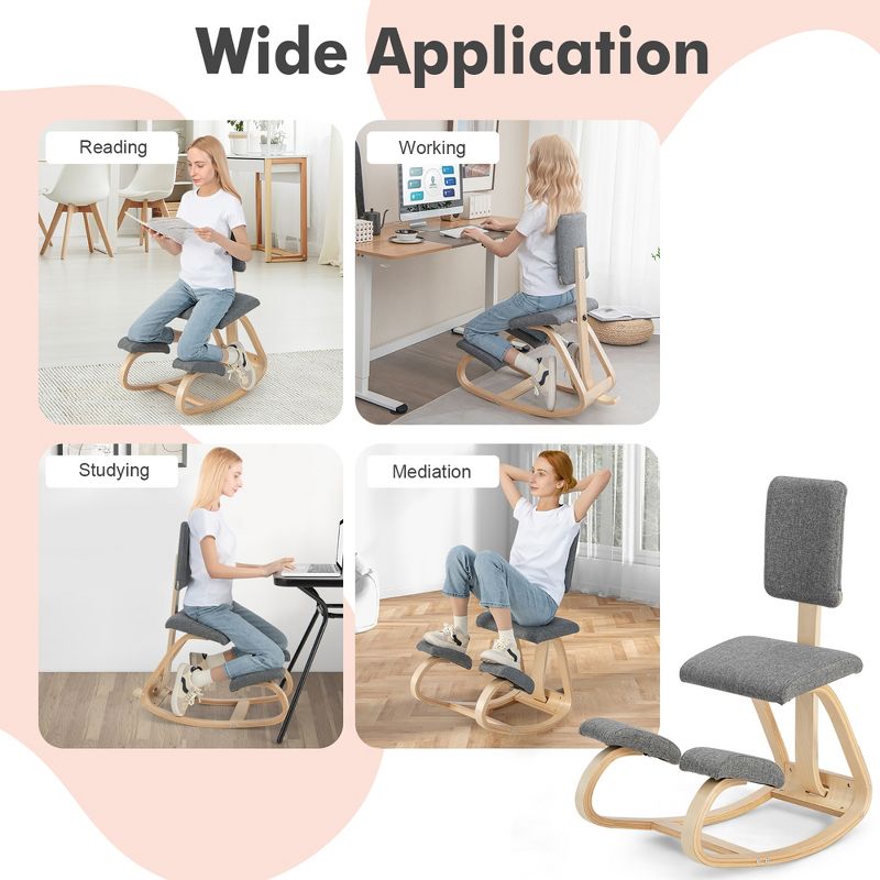 Costway Ergonomic Kneeling Chair Upright Posture Velvet Support Chair with Backrest Black\Grey, 5 of 11