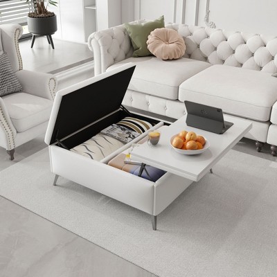 NicBex 35 inch Wide Square Lift Top Coffee Table with Storage Benches,Oversized Storage Ottoman,Living Room Furniture,White