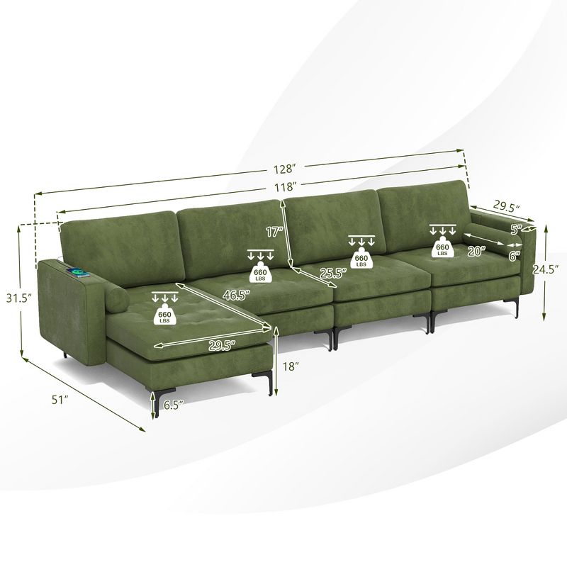 Costway Modular L-shaped Sectional Sofa w/ Reversible Chaise & 4 USB Ports Army Green, 4 of 11