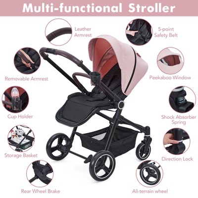 Pink Foldable Aluminum Baby Stroller with Adjustable Canopy