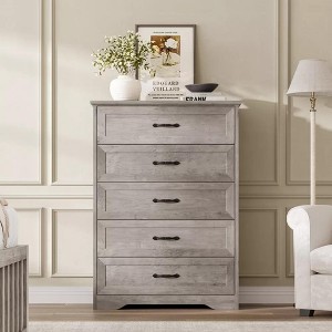 Farmhouse Wooden Dresser with 5 Drawers, Chest of Drawers – Modern Storage Organizer Dresser for Bedroom, Living Room, and Kids’ Room, Gray - 1 of 4