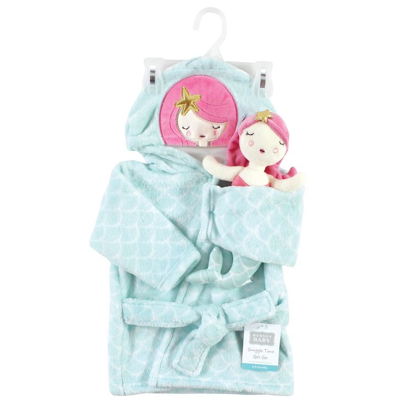Hudson Baby Infant Girl Plush Bathrobe and Toy Set, Mermaid, One Size, 2 of 5