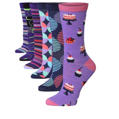 Women's 6-Pairs Colorful Violet Variations Funky Unique Stripe Intricated Patterned Crew Dress Socks
