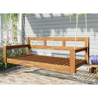 Twin Size Acacia Wood Outdoor Porch Swing Bed with Hemp Ropes – Minimalist Patio Daybed Frame, 1pc – Coolbibila
