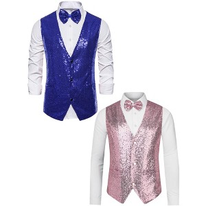 Lars Amadeus Men's Shiny Sequin Sleeveless Suit Vest Set with Bow Tie 2 Packs - 1 of 4