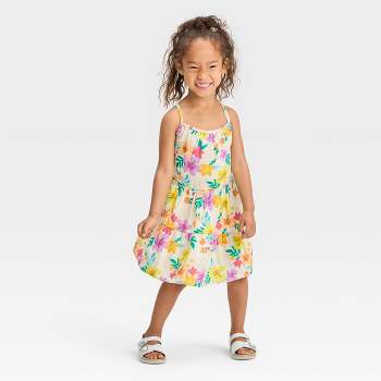 Toddler Girls' Floral Tropical Gauze Dress - Cat & Jack™ Light Beige 3T