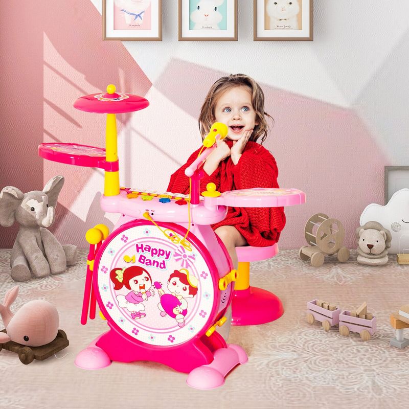 Costway 2-in-1 Kids Electronic Drum Kit Music Instrument Toy w/ Keyboard Microphone, 4 of 11