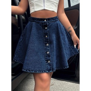 Women's Summer Casual Mini Denim Skirt Button Down A Line Jean Skirt High Waisted Short Skirt - 1 of 4