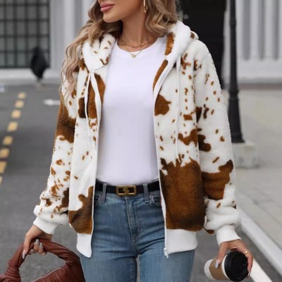 Women's Winter Coat Print Fuzzy Zip-Up Hooded Fashion Jacket