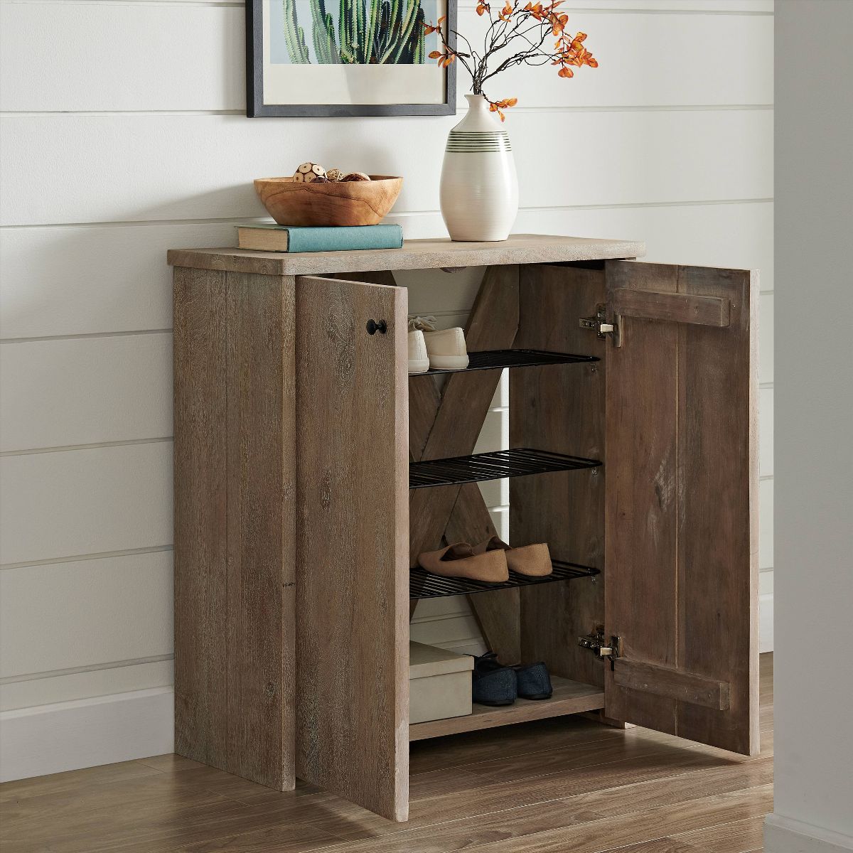 Alaterre Furniture 31" Castleton Mango Wood Shoe Cubbie Storage Cabinet Driftwood: 12-Pair Organizer, Fixed Shelves, Freestanding - thumbnail 2