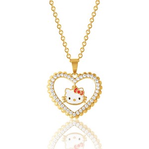 Sanrio Hello Kitty Brass Yellow Gold Plated Heart Cubic Zirconia Outlined Necklace with Hello Kitty Dangle, Authentic Offically Licensed - 1 of 4
