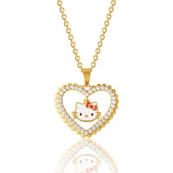 Sanrio Hello Kitty Brass Yellow Gold Plated Heart Cubic Zirconia Outlined Necklace with Hello Kitty Dangle, Authentic Offically Licensed